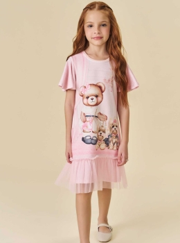 Vestido Infantil Rosa Estampado com Tule – Infanti