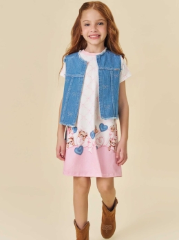 Vestido Infantil Estampado com Colete Jeans – Infanti