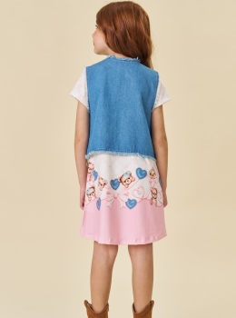 Vestido Infantil Estampado com Colete Jeans – Infanti