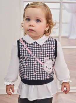 Conjunto Infantil Blusa com Colete Pied-de-Poule Preto e Legging Courino – Infanti