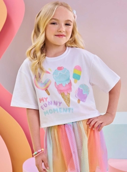 Conjunto Infantil Blusa Estampada e Saia Tule Colorida – Infanti