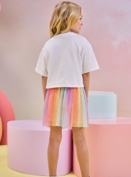 Conjunto Infantil Blusa Estampada e Saia Tule Colorida – Infanti