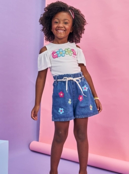 Conjunto Infantil Blusa e Shorts Jeans Estampado – Kukie